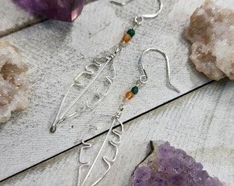 Carnelian and Jade Feather Leaf Earrings in Sterling