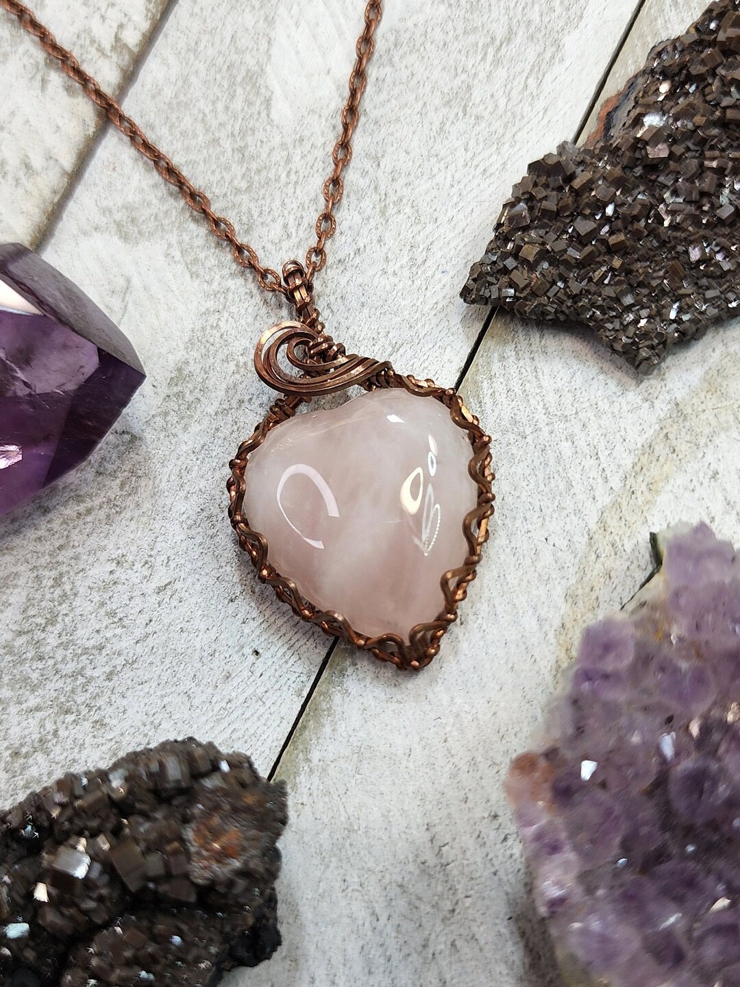 Rose Quartz Zig Zag Pendant in Copper - Etsy