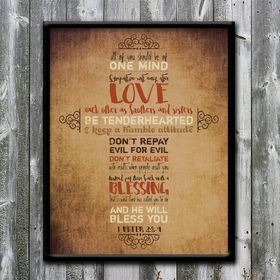 1 Peter 38 9 Be Of One Mind Love Each Other Dont Repay Evil Cross Bible Verse Printable Digital Download Art Print 8x10