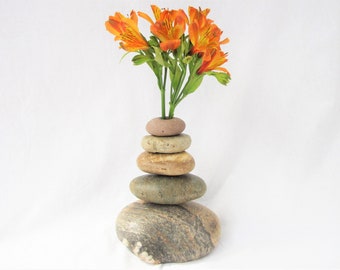 Vase made of Stone, Cairn or Stacked Rock Bud Vase made with River Rock, Stone Vase