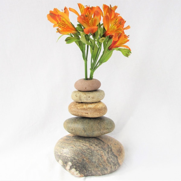 Vase made of Stone, Cairn or Stacked Rock Bud Vase made with River Rock, Stone Vase