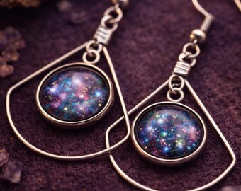 Galaxy Dangle Earrings, Celestial Witchy Jewelry, Cosmic Drop Earrings, Boho Silver Teardrop Earrings, Space Jewelry Gift for Her