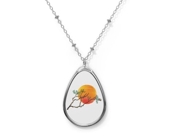 Sunset Branch Oval Necklace | Teardrop Pendant, Nature Illustration
