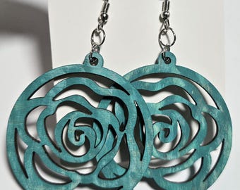 Hand Painted Rose Wooden Earrings
