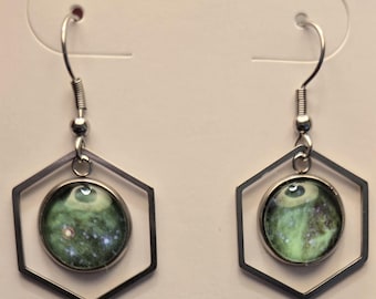 Green Galaxy Earrings, Celestial Jewelry, Hexagon Dangle Earrings, Witchy Space Earrings, Cosmic Jewelry Gift for Her