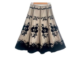 Falda midi romántica vintage de terciopelo Kaliko con estampado floral desgastado, con vuelo y transparencias, color negro y crema, talla 14, L (Reino Unido)