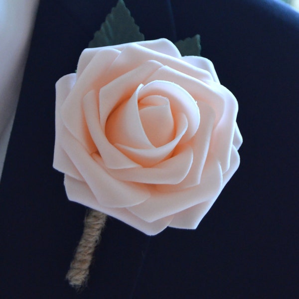 PINK BLUSH Rustic Boutonniere. Pink Blush Boutonniere Wrapped With Jute Twine & Green Foliage.  Includes Pearl Or Rhinestone Lomey Pin.
