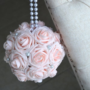 PINK BLUSH Flower Ball with Brooch & PEARL handle. Kissing Ball. Church Pews Decor. Flower Girl. Bridesmaid Bouquet. Choose Color.