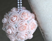 PINK BLUSH Flower Ball with Brooch PEARL handle. Kissing Ball. Church Pews Decor. Flower Girl. Bridesmaid Bouquet. Choose Color.
