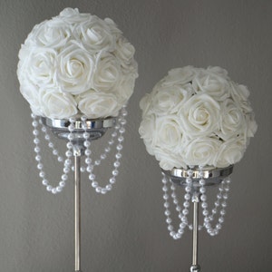 WHITE Flower Ball With DRAPING PEARLS. White Wedding Centerpiece. White Wedding Decor. Bridal Shower, Baby Shower. Sweet 16. Pick Color