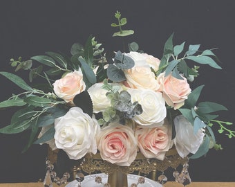 PINK BLUSH & IVORY Rose Arrangement with Eucalyptus Leaves Rustic Wedding Centerpiece Bouquet Pick Rose Color