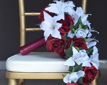 CASCADE BRIDAL BOUQUET. Cascading Bouquet With Vibrant Burgundy Roses, White Roses & White lilies. Custom Made To Order.