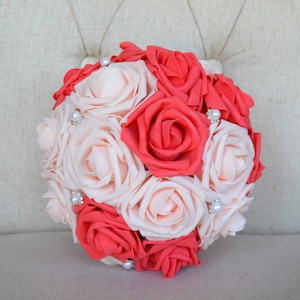 CORAL And PINK BLUSH Flower Ball With Bling Pearl Brooch. Kissing Ball. Pomander. Wedding Centerpiece. Flower Girl. Bridesmaid Bouquet.