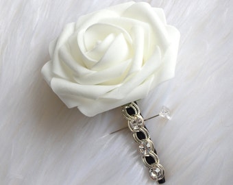 GROOM BOUTONNIERE with Bling Crystal BROOCH. Groomsman Boutonniere. White Boutonniere. Pick Rose Color
