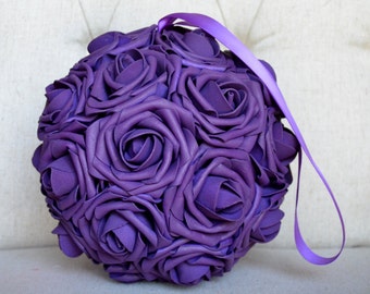 PURPLE Flower Ball. Kissing Ball. Pomander. Flower Girl. Bridesmaid Bouquet. Wedding Centerpiece. Wedding Decor. Church Pews.