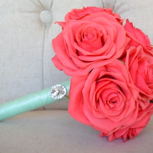 CORAL BRIDESMAID Bouquet. Real Touch Silk Roses. Brooch bouquet. Choose Your Ribbon Color. Custom Made To Order.