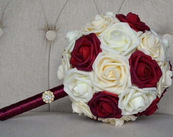 BROOCH POMANDER BRIDESMAID Bouquet With Gold Brooch Gem Handle. Sangria, Ivory & Cream roses. Quinceanera bouquet.