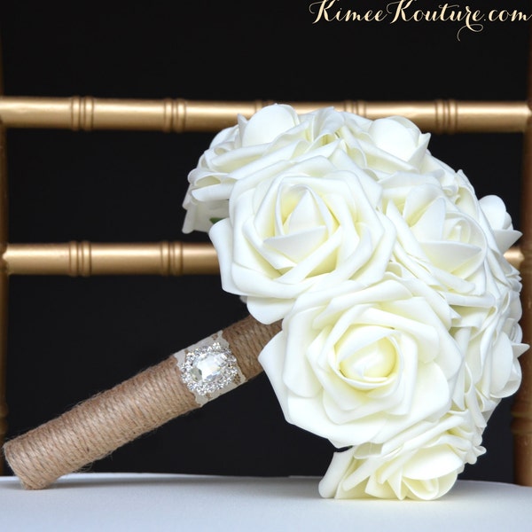 Ivory BRIDESMAID Bouquet. RUSTIC Bouquet Jute Twine & Lace Wrapped Handle And Bling Gem BROOCH. Rustic Wedding Bouquet. Pick Rose Color