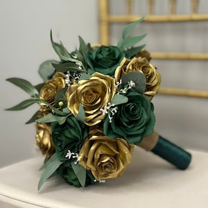 EMERALD Green And Gold Rose Bridal Bouquet with Eucalyptus Greenery Berries Baby&#39;s Breath and Ribbon Twine Handle