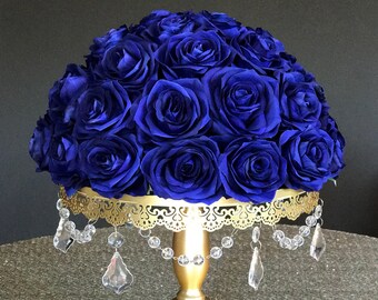 Royal Blue Wedding Centerpiece Floral Arrangement. Royal Blue Half Ball Rose Arrangement. Wedding Centerpiece.