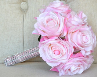 PINK Rhinestone Bridesmaid Bouquet. Real Touch Silk Roses. Brooch bouquet. Custom Made To Order.