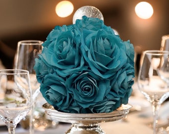 Teal Silk Rose Ball: Wedding Centerpiece Pomander