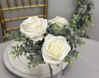 DUSTY EUCALYPTUS BUSH With Premium Silk Roses. Wedding Centerpiece Arrangement Home Decor Accent Artificial Flowers. Pick Rose Color