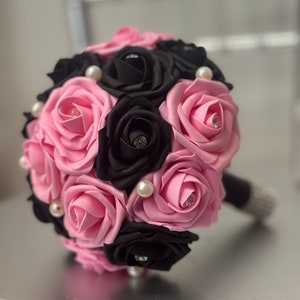 Quinceanera Bouquet: Pink & Black Roses, Rhinestone Cuffs