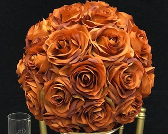 BURNT ORANGE Flower Ball. Burnt Orange Kissing Ball. Rust Wedding Centerpiece. Wedding Centerpieces. Bridal Shower. Pick Rose Color.