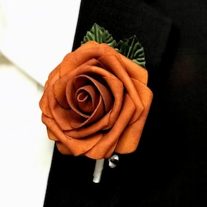 Burnt Orange Rose Boutonniere: Rhinestone or Pearl Pin