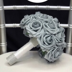 DUSTY BLUE BRIDESMAID Bouquet with Two Rhinestone Cuffs. Dusty Blue Wedding. Dusty Blue Bouquet. Quincenera. Bat mitzvah. Bridesmaid Bouquet