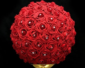 RED Flower Ball with Diamond RHINESTONE GEMS. Red Wedding Centerpiece. Pick Rose Color. Red Quinceanera. Red Sweet 16. Red Centerpiece