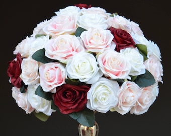 Rose Wedding Centerpiece: Blush, Burgundy & White Floral Arrangement
