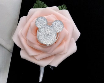 MICKEY BOUTONNIERE with Bling Mickey. Pink Blush Boutonniere. GROOM'S Boutonniere. Groomsman Boutonniere. Pick Rose and Mickey Color