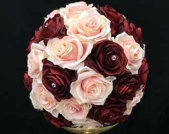 BURGUNDY & PINK BLUSH Rose Ball with Rhinestone Gems. Burgundy And Pink Blush Centerpiece. Pick Rose Color. Burgundy Wedding Centerpiece.