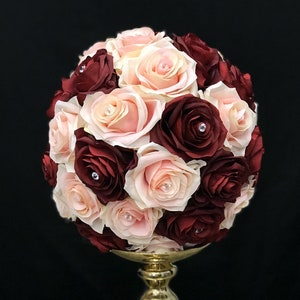 BURGUNDY & PINK BLUSH Rose Ball with Rhinestone Gems. Burgundy And Pink Blush Centerpiece. Pick Rose Color. Burgundy Wedding Centerpiece.