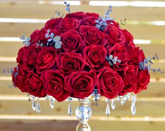 RED Rose Arrangement with Eucalyptus Leaves. Rustic Half Flower Ball. RED Wedding Centerpiece Arrangement. Pomander. Pick Color