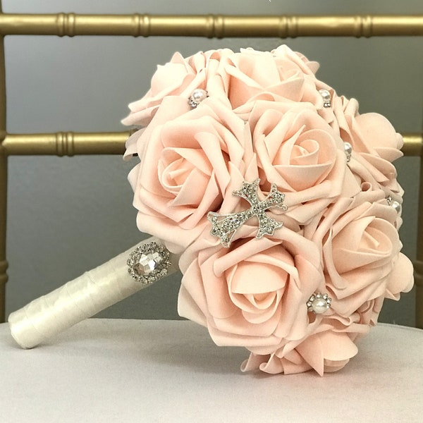 Pink BLUSH Bouquet With Glamorous Rhinestone CROSS. Holy COMMUNION. Peach Blush Bouquet. Peach Blush Wedding. Pick Rose & Ribbon Color