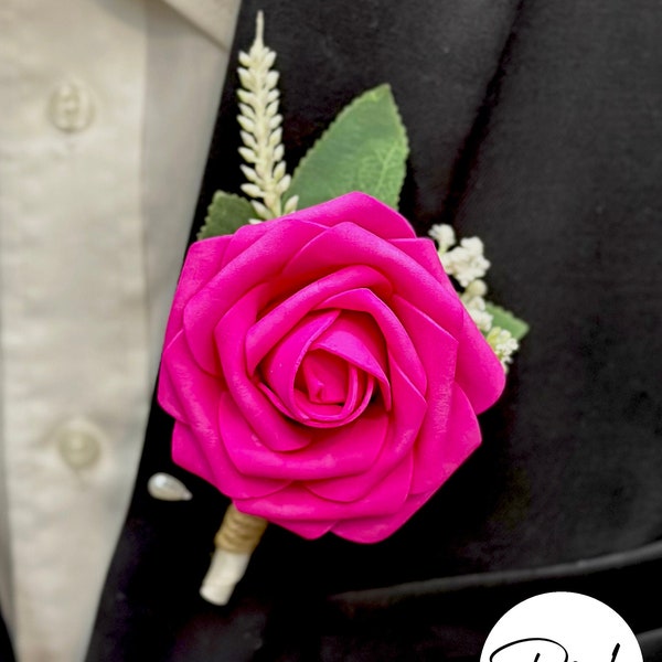 HOT PINK BOUTONNIERE with Baby's Breath & Leaves Begonia Groom's Boutonniere Groomsman Boutonniere Pick Rose Color