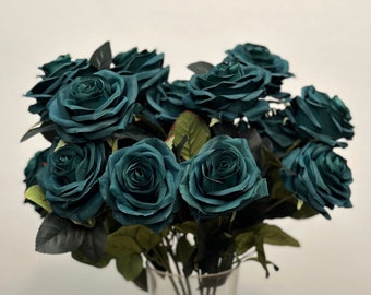 HUNTER GREEN Rose Bouquet with Premium Silk Roses Dark Green Wedding Centerpiece Roses Artificial Flowers Flower Bouquet Pick Rose Color