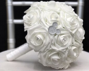 MICKEY BRIDESMAID'S BOUQUET with Bling Mickey And Brooch Handle. White Bridesmaid's Bouquet. Pick Rose And Mickey Color. Mickey Bouquet.