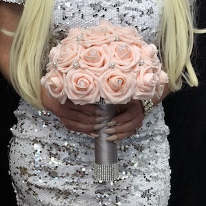 QUINCEANERA BOUQUET with Two Real Rhinestone Sparkly Cuffs. Brooch Bouquet. Pink Blush Bridal Bouquet. Pick Rose Color. Sweet 16 Bouquet