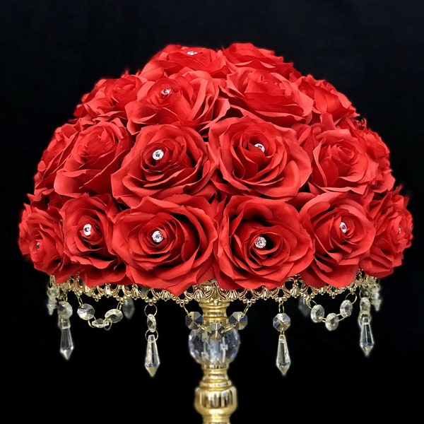 RED Rose Arrangement with RHINESTONE GEMS.  Red Wedding Centerpiece. Red Centerpiece. Floating Pomander. Pick Rose Color