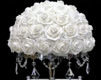 WHITE Rose Arrangement with RHINESTONES. Floating Flower Ball. Pick Rose Color. Communion. Baptism. Christening. White Wedding Centerpiece