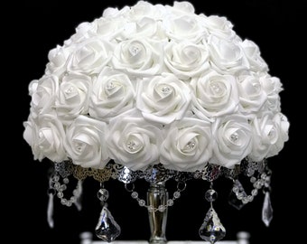 WHITE Rose Arrangement with RHINESTONES. Floating Flower Ball. Pick Rose Color. Communion. Baptism. Christening. White Wedding Centerpiece