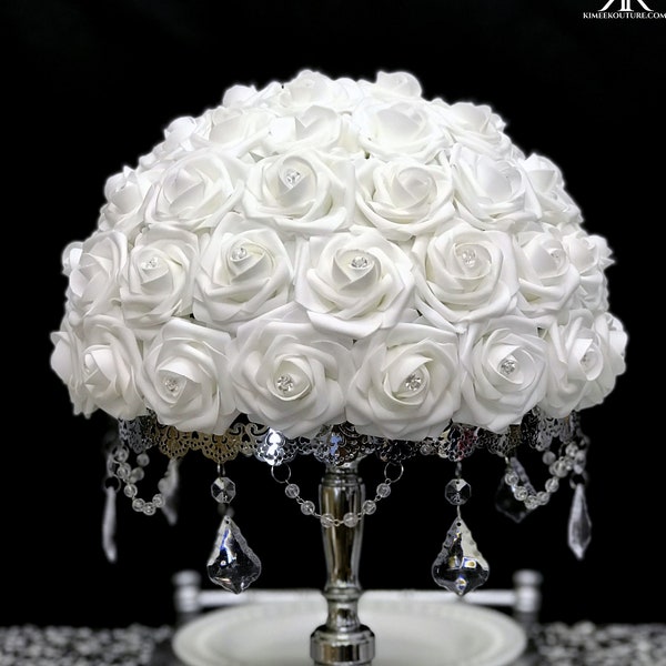 WHITE Rose Arrangement with RHINESTONES. Floating Flower Ball. Pick Rose Color. Communion. Baptism. Christening. White Wedding Centerpiece
