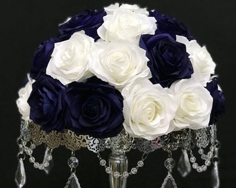 NAVY BLUE & IVORY Rose Arrangement. Navy Blue Wedding Centerpiece. Navy Blue Centerpiece. Navy Blue Quinceanera. Pick Rose Color