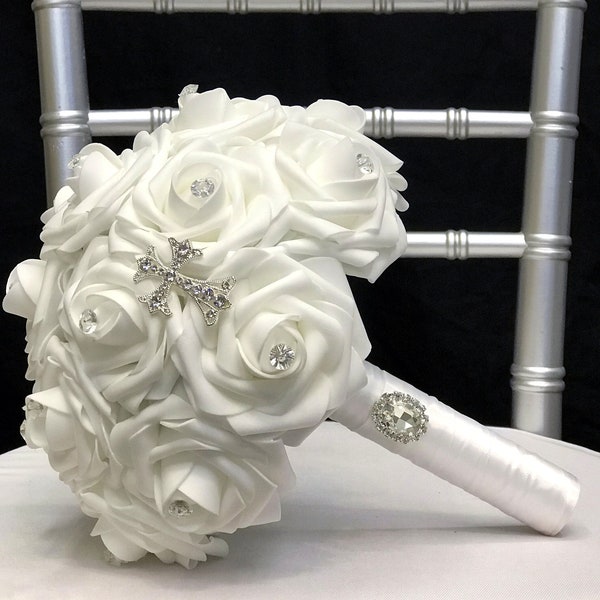 WHITE COMMUNION Bouquet With Glamorous Rhinestone CROSS. Holy Communion Bouquet. White Communion Bouquet. Pick Rose & Ribbon Color