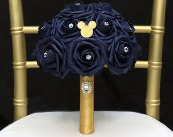 MICKEY BRIDESMAID'S BOUQUET with Bling Mickey And Brooch Handle. Navy Blue Bridesmaid's Bouquet. Pick Rose And Mickey Color. Mickey Bouquet.