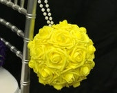 BRIGHT YELLOW Flower Ball with PEARL handle. Kissing Ball. Church Pews Decor. Flower Girl. Bridesmaid Bouquet. Choose Color.